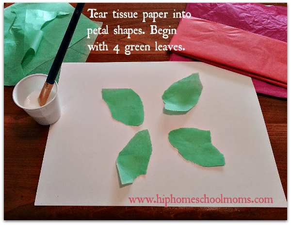First step for making tissue paper painted poinsettias is to tear petal shaped tissue leaves from green tissue paper.| Hip Homeschool Moms