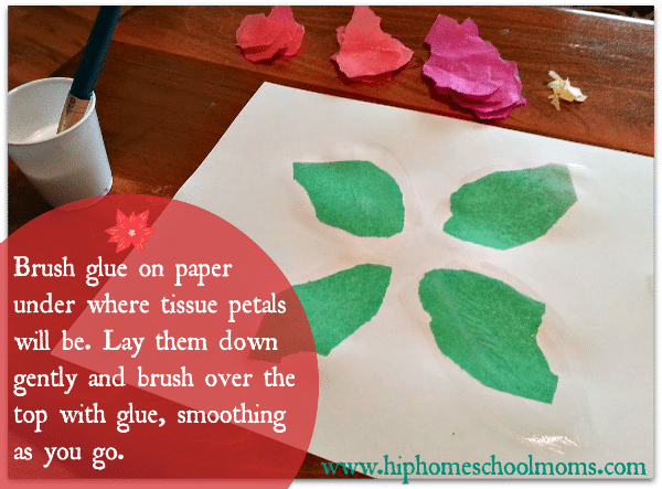 Brush glue on paper under where tissue petals will be. Lay them down gently and brush over the top with glue, smoothing as you go. | Hip Homeschool Moms