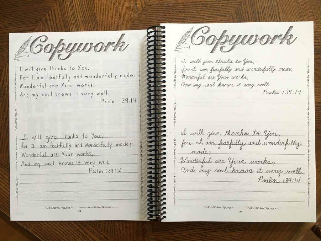 Copywork is provided for both students who use manuscript and those who use cursive writing.