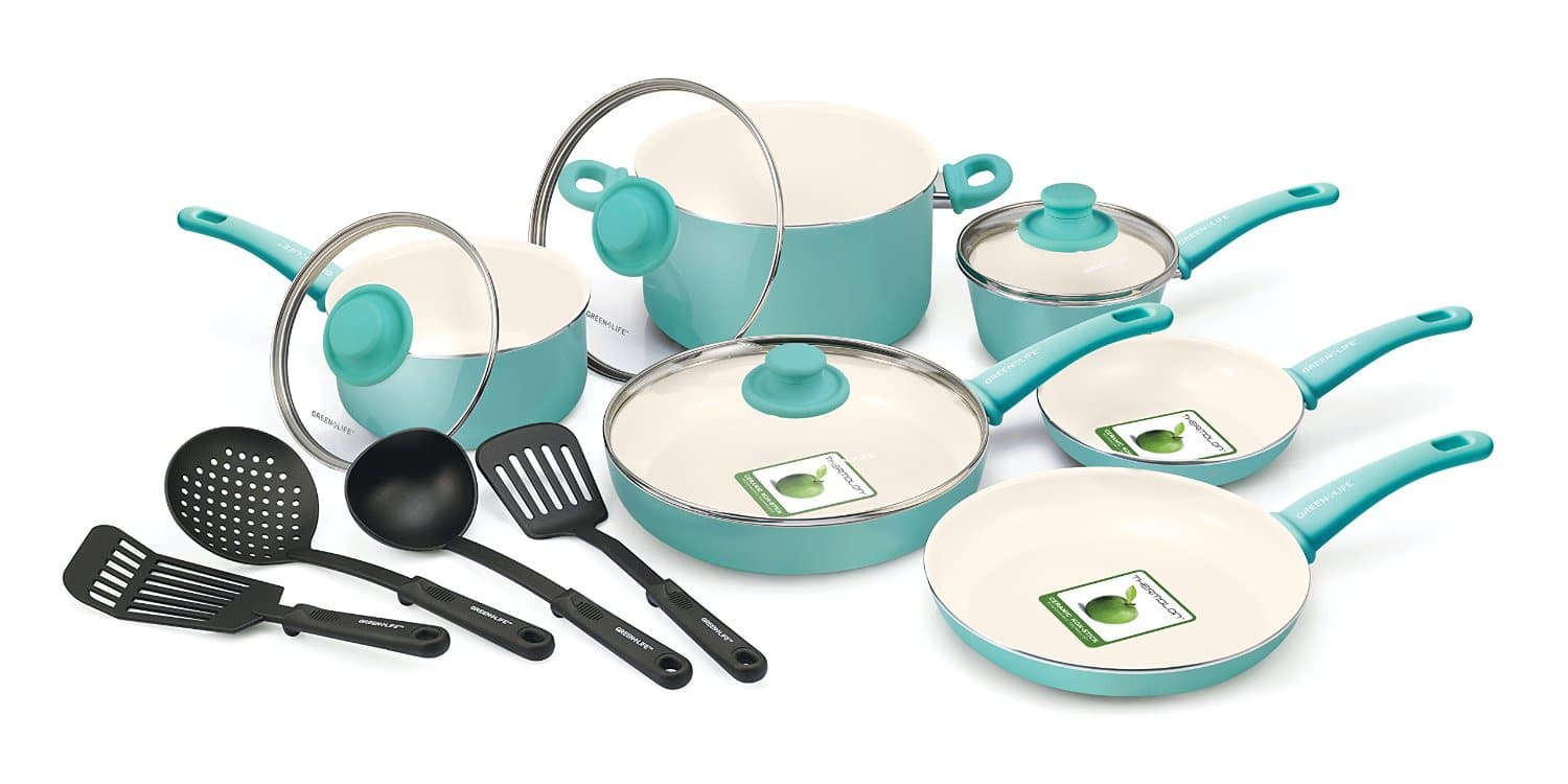 LIGHTNING DEAL ALERT! Soft Grip 14pc Ceramic Non-Stick Cookware Set, Turquoise