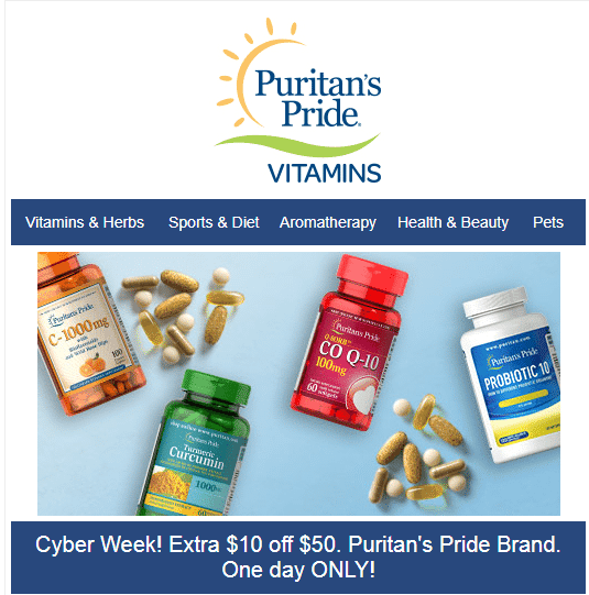 DEAL ALERT: Cyber Week! Extra $10 off $50 Puritan’s Pride Brand. Ends 12/1