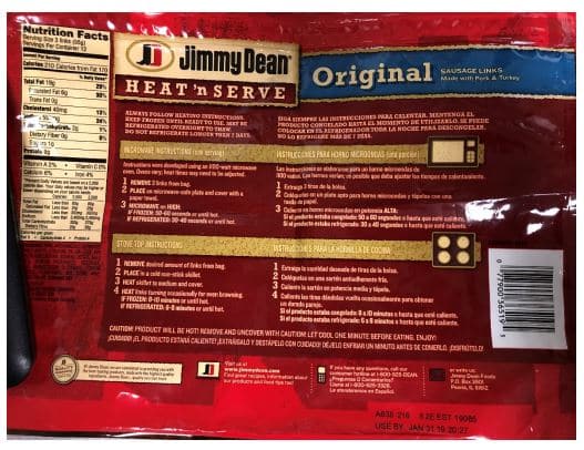 Jimmy Dean Sausage recall back of